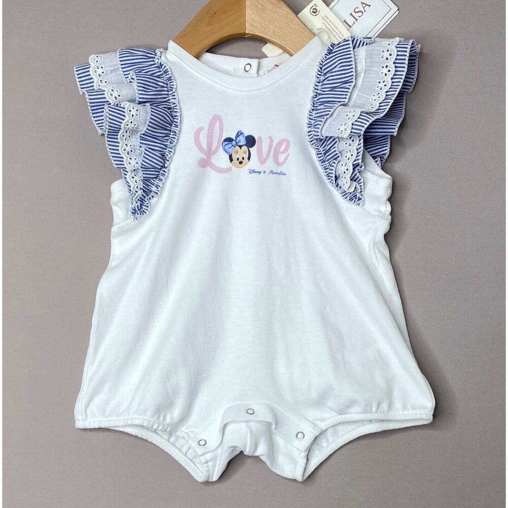 NWT Monnalisa x Disney Minnie Mouse Love White Short Romper Girls 6 Mo